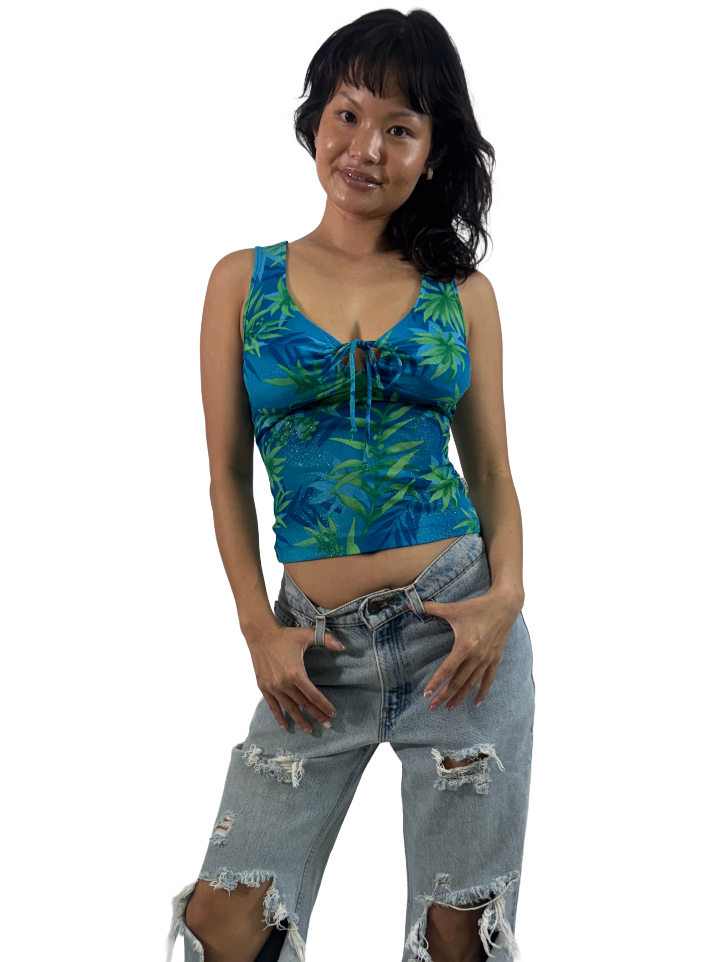 Guess Tropical Print Lurex Keyhole Top