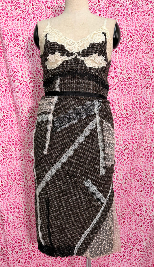 Nina Ricci Fall 2012 Tweed + Lace Brown Dress