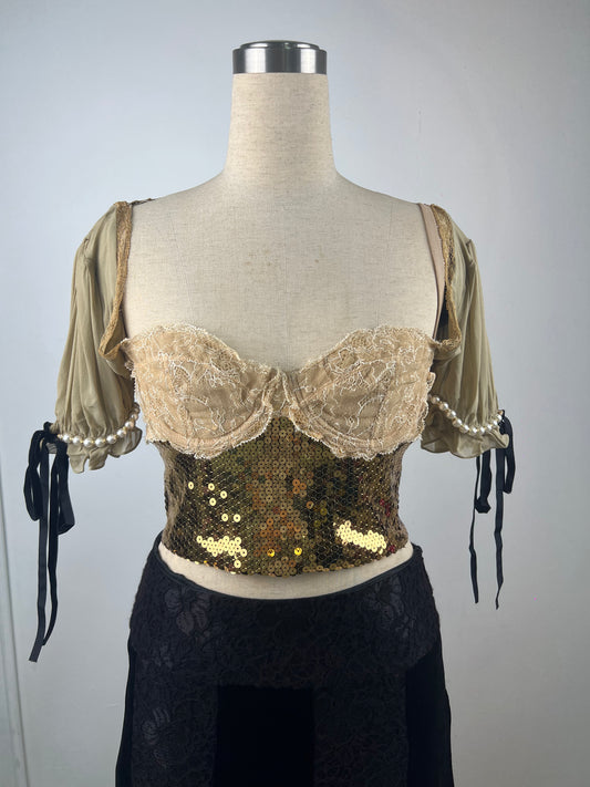 Dolce & Gabbana Gold Crop Top Corset with Pearl Sleeves